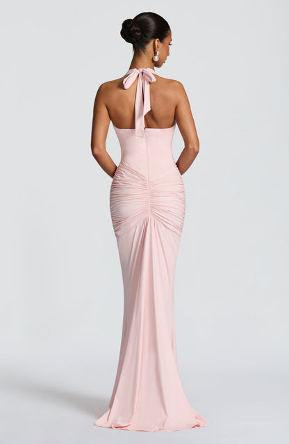 Women's Blush Ruched Plunge Neck Sleeveless Maxi Dress