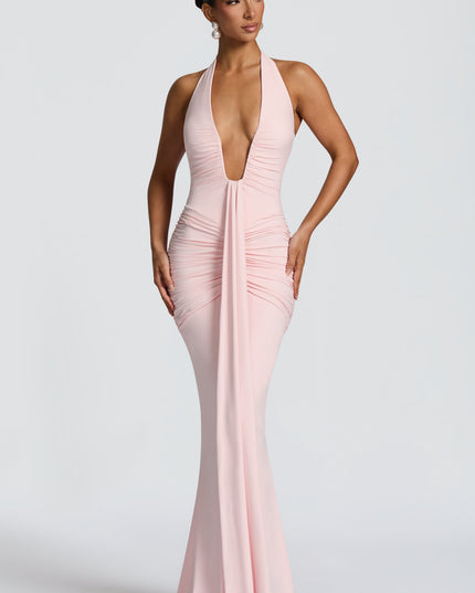 Women's Blush Ruched Plunge Neck Sleeveless Maxi Dress