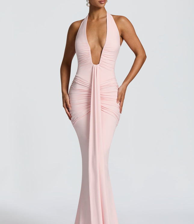 Women's Blush Ruched Plunge Neck Sleeveless Maxi Dress