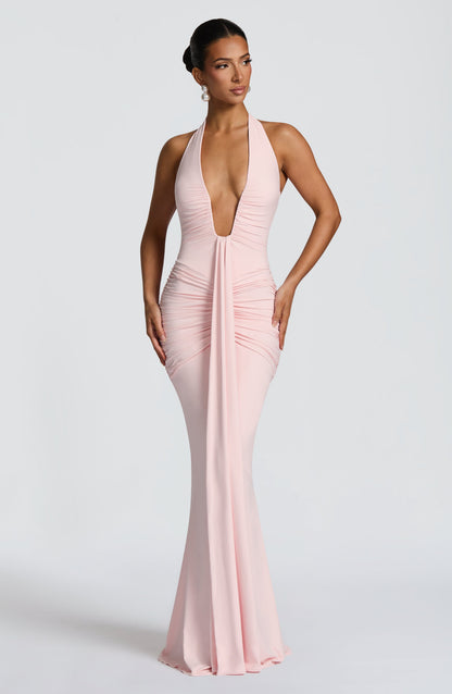 Women's Blush Ruched Plunge Neck Sleeveless Maxi Dress