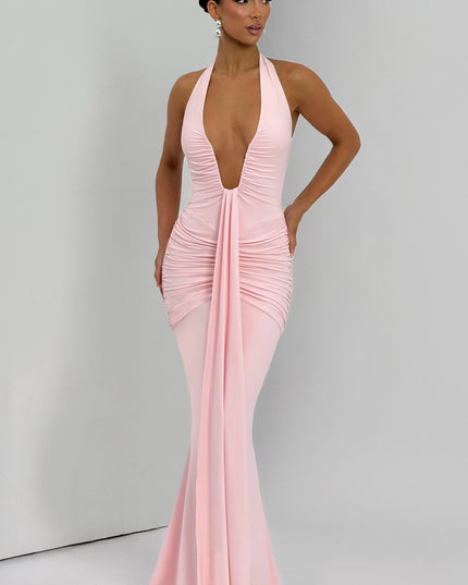 Women's Blush Ruched Plunge Neck Sleeveless Maxi Dress