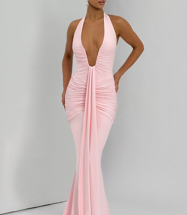 Women's Blush Ruched Plunge Neck Sleeveless Maxi Dress