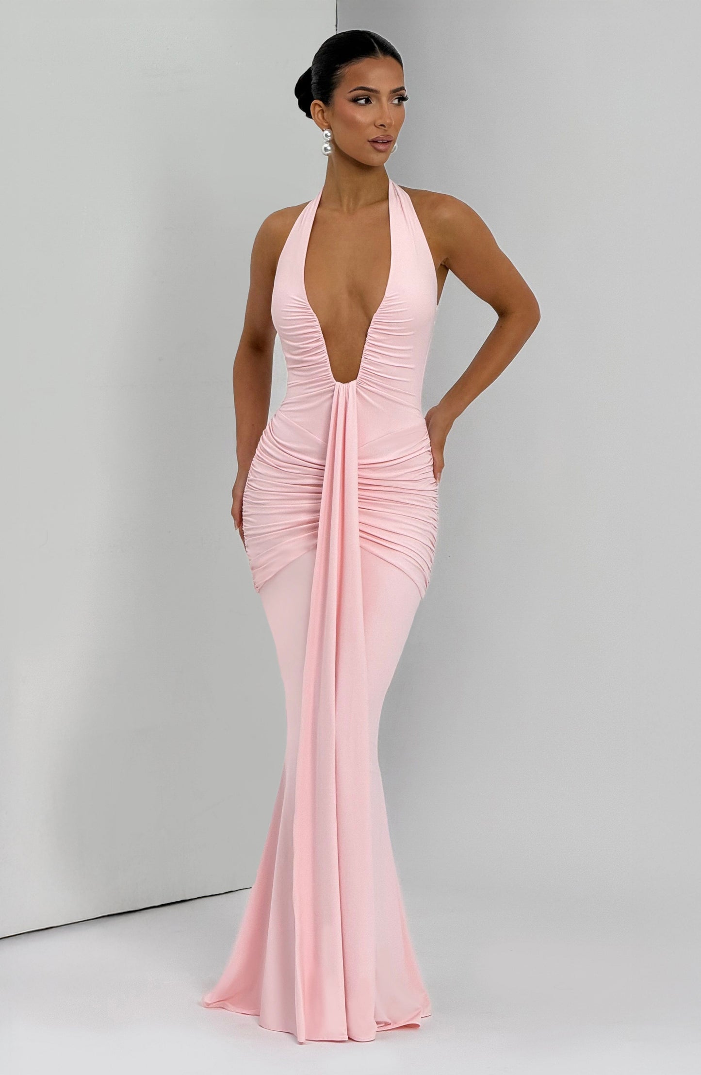 Women's Blush Ruched Plunge Neck Sleeveless Maxi Dress