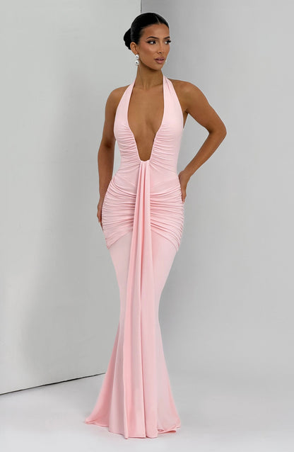 Women's Blush Ruched Plunge Neck Sleeveless Maxi Dress