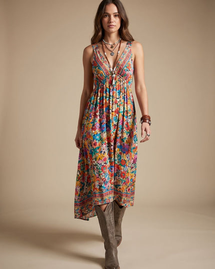 Women's Boho Floral 3/4 Sleeve V Neck Maxi Sundress