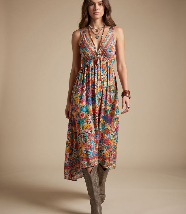 Women's Boho Floral 3/4 Sleeve V Neck Maxi Sundress