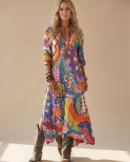 Women's Boho Floral 3/4 Sleeve V Neck Maxi Sundress