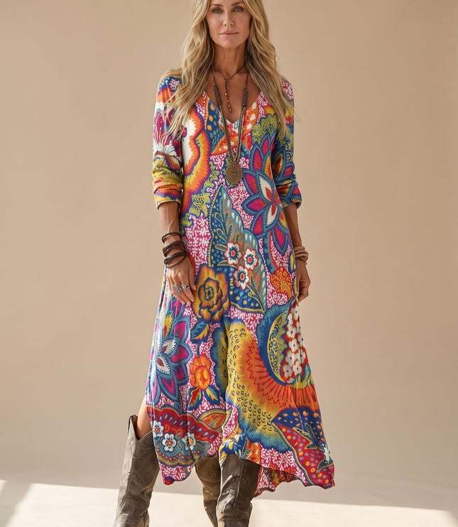 Women's Boho Floral 3/4 Sleeve V Neck Maxi Sundress