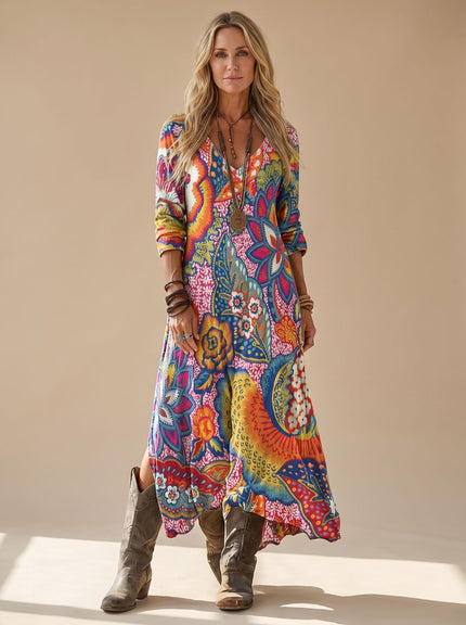 Women's Boho Floral 3/4 Sleeve V Neck Maxi Sundress