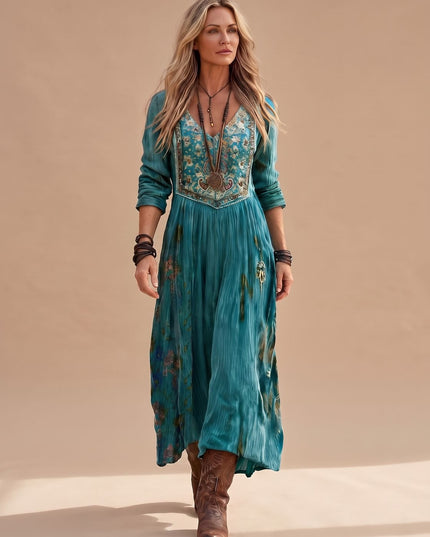 Women's Boho Floral Long Sleeve V Neck Maxi Dress