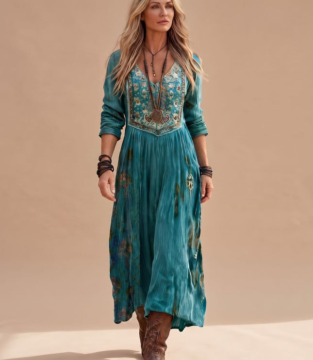 Women's Boho Floral Long Sleeve V Neck Maxi Dress