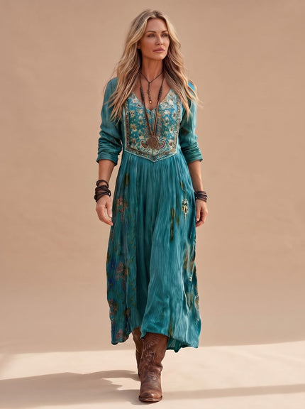 Women's Boho Floral Long Sleeve V Neck Maxi Dress