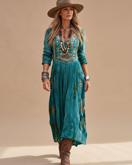 Women's Boho Floral Long Sleeve V Neck Maxi Dress