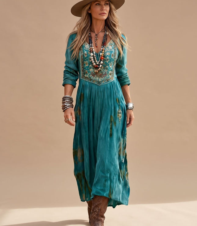 Women's Boho Floral Long Sleeve V Neck Maxi Dress