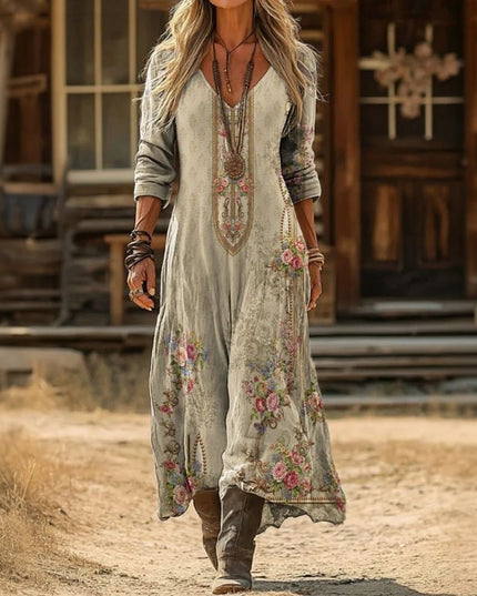 Women's Boho Floral Maxi Dress with a Deep V-Neck