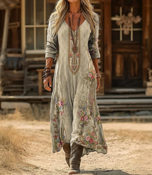 Women's Boho Floral Maxi Dress with a Deep V-Neck