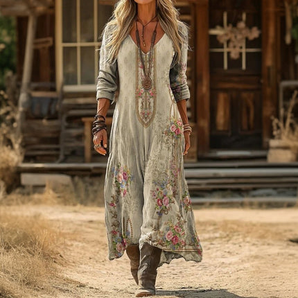 Women's Boho Floral Maxi Dress with a Deep V-Neck