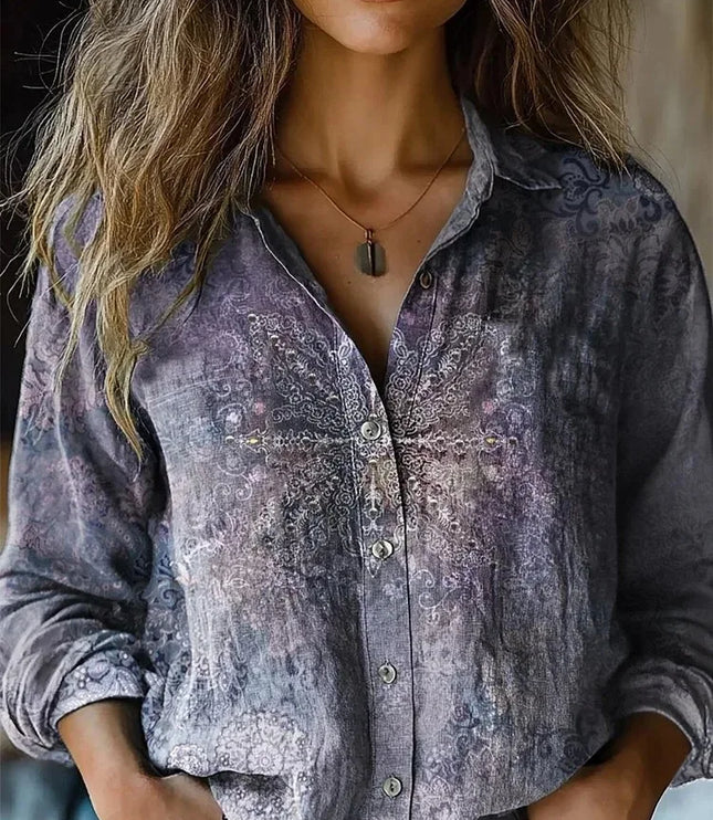 Women's Boho Floral Print Long Sleeve Button-Up Blouse