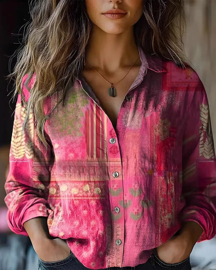Women's Boho Floral Print Long Sleeve Button-Up Blouse