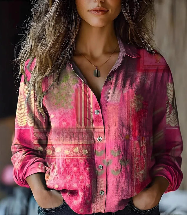 Women's Boho Floral Print Long Sleeve Button-Up Blouse