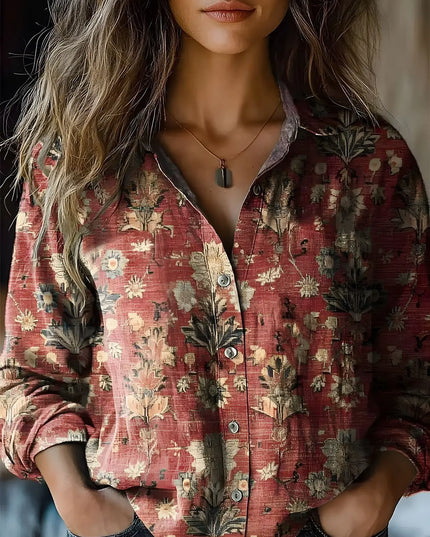 Women's Boho Floral Print Long Sleeve Button-Up Blouse