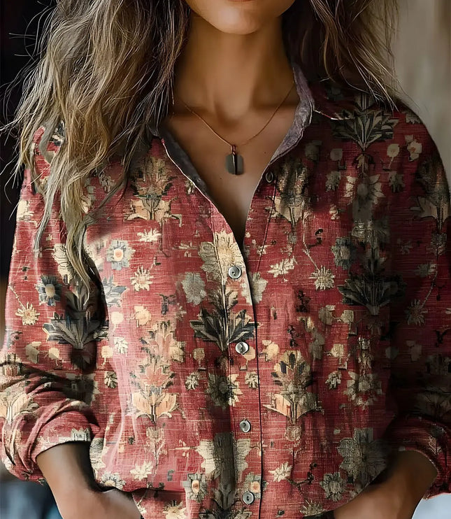 Women's Boho Floral Print Long Sleeve Button-Up Blouse