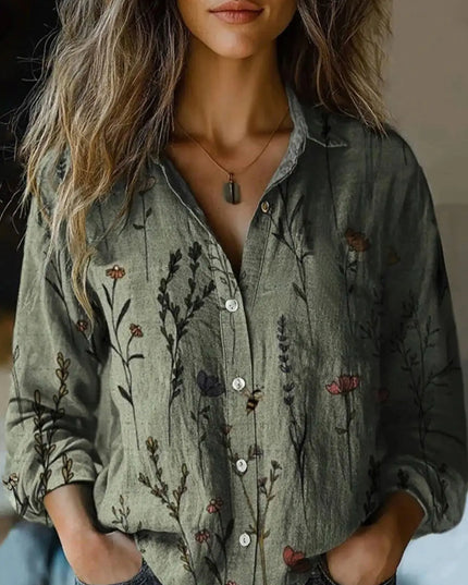 Women's Boho Floral Print Long Sleeve Button-Up Blouse