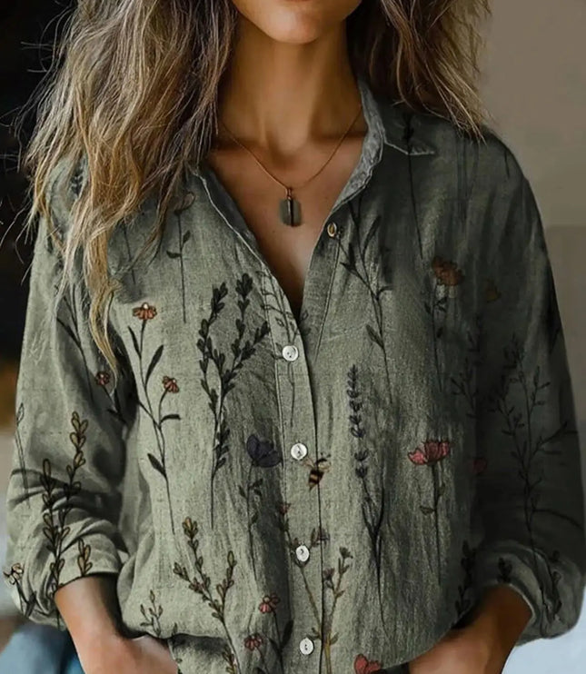 Women's Boho Floral Print Long Sleeve Button-Up Blouse
