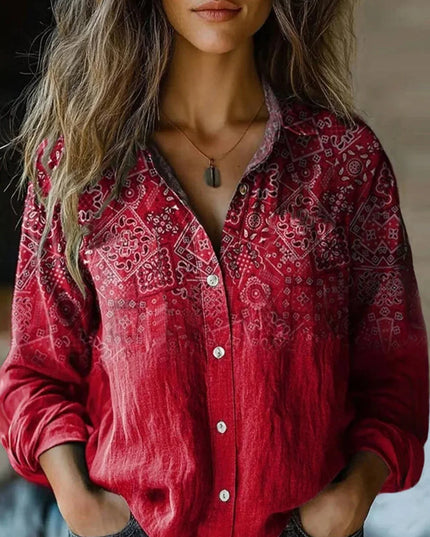 Women's Boho Floral Print Long Sleeve Button-Up Blouse