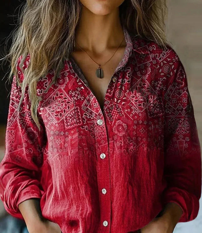 Women's Boho Floral Print Long Sleeve Button-Up Blouse