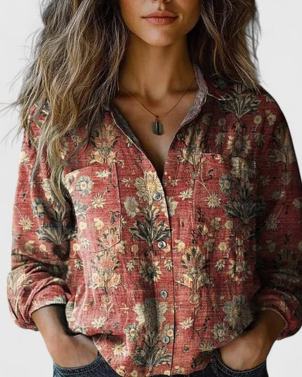 Women's Boho Floral Print Long Sleeve Button-Up Blouse
