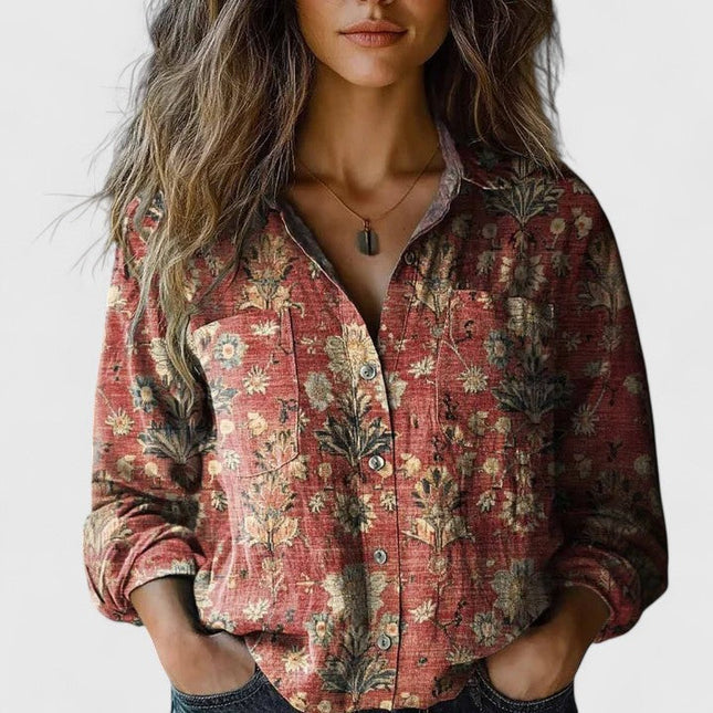 Women's Boho Floral Print Long Sleeve Button-Up Blouse