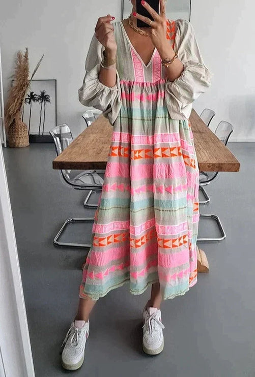 Women's Boho Maxi Dress in a Striped Multicolor Print