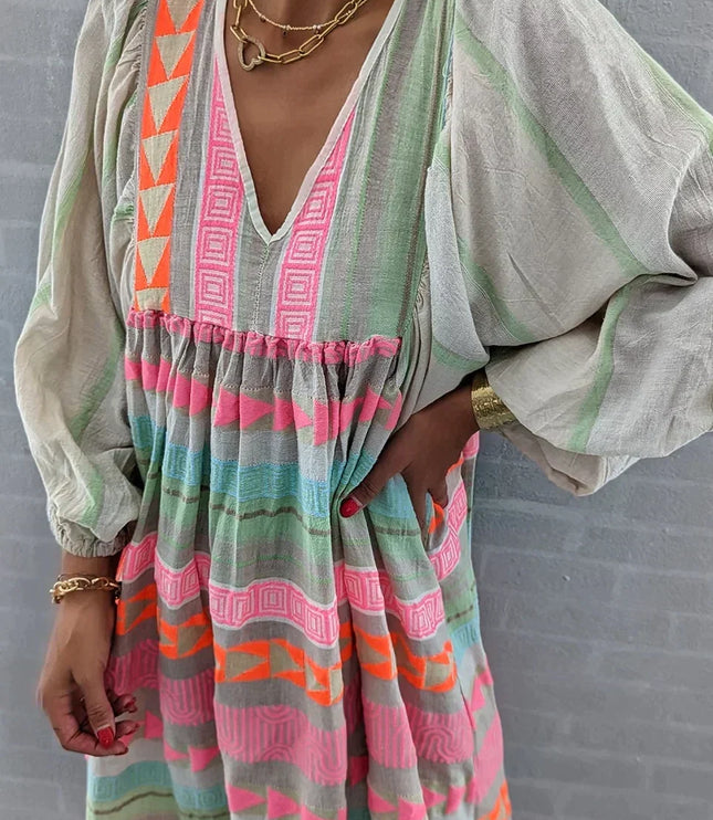 Women's Boho Maxi Dress in a Striped Multicolor Print