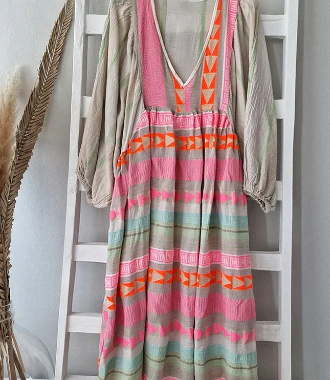 Women's Boho Maxi Dress in a Striped Multicolor Print