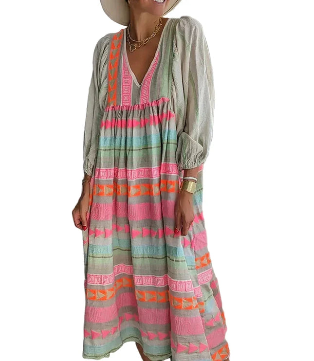 Women's Boho Maxi Dress in a Striped Multicolor Print