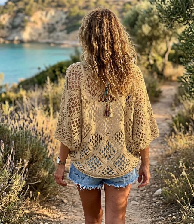 Women's Boho Open Crochet Knit V-Neck Summer Top