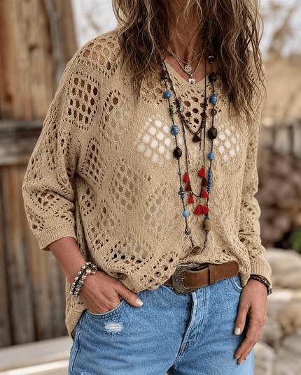 Women's Boho Open Crochet Knit V-Neck Summer Top