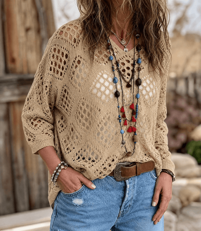 Women's Boho Open Crochet Knit V-Neck Summer Top