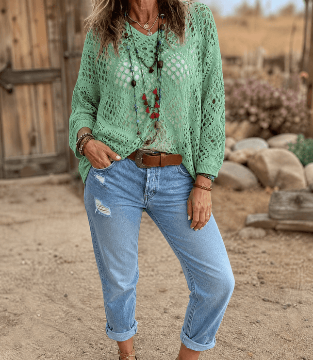 Women's Boho Open Crochet Knit V-Neck Summer Top