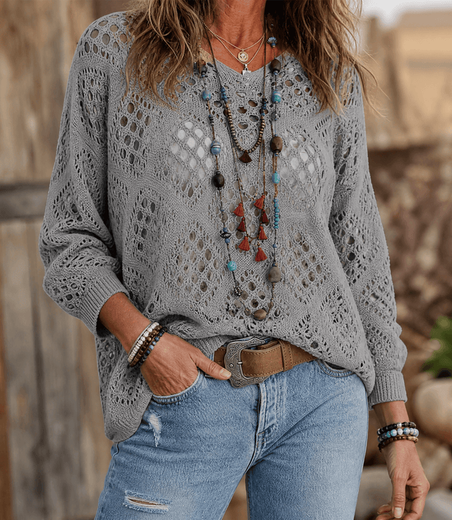 Women's Boho Open Crochet Knit V-Neck Summer Top