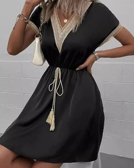 Women's Boho V Neck Lace Trim Mini Summer Dress