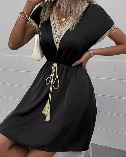 Women's Boho V Neck Lace Trim Mini Summer Dress