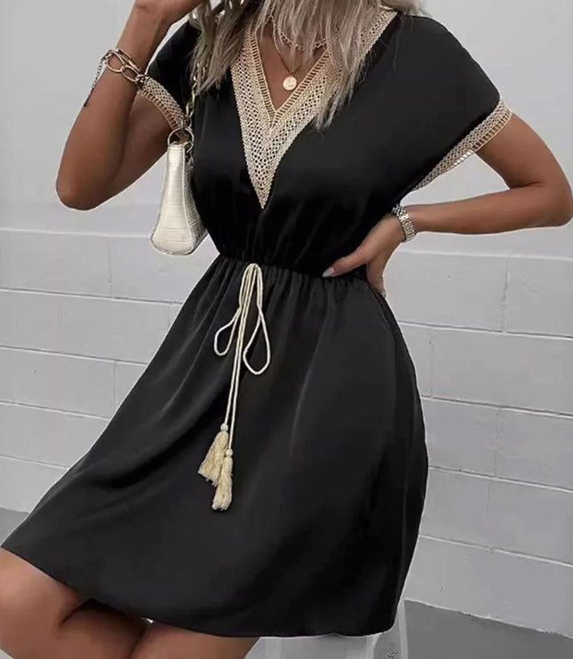Women's Boho V Neck Lace Trim Mini Summer Dress