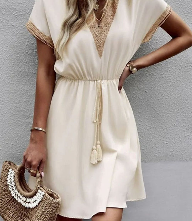 Women's Boho V Neck Lace Trim Mini Summer Dress