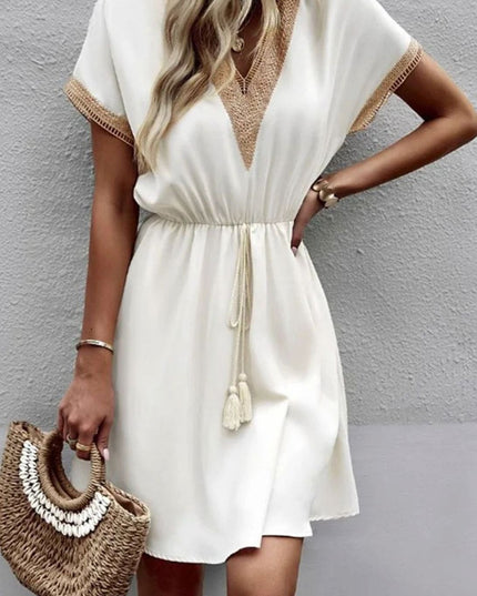 Women's Boho V Neck Lace Trim Mini Summer Dress