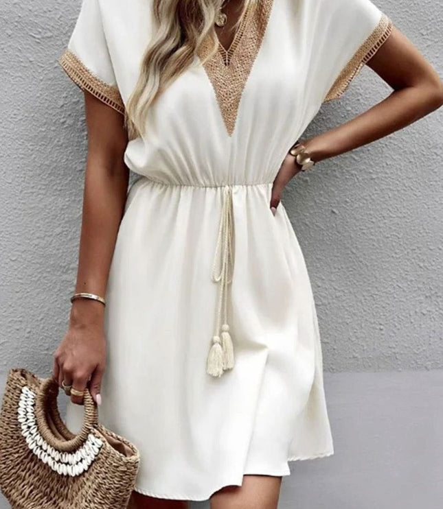 Women's Boho V Neck Lace Trim Mini Summer Dress