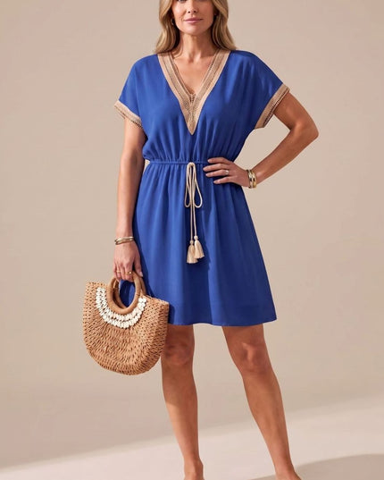 Women's Boho V Neck Lace Trim Mini Summer Dress