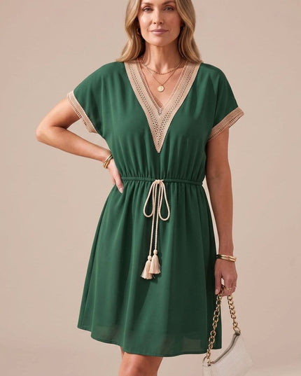 Women's Boho V Neck Lace Trim Mini Summer Dress