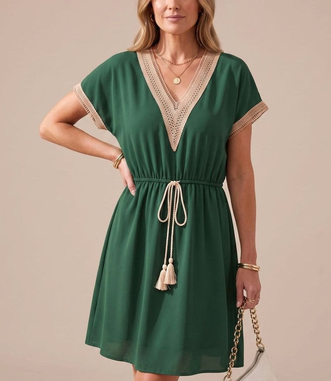 Women's Boho V Neck Lace Trim Mini Summer Dress